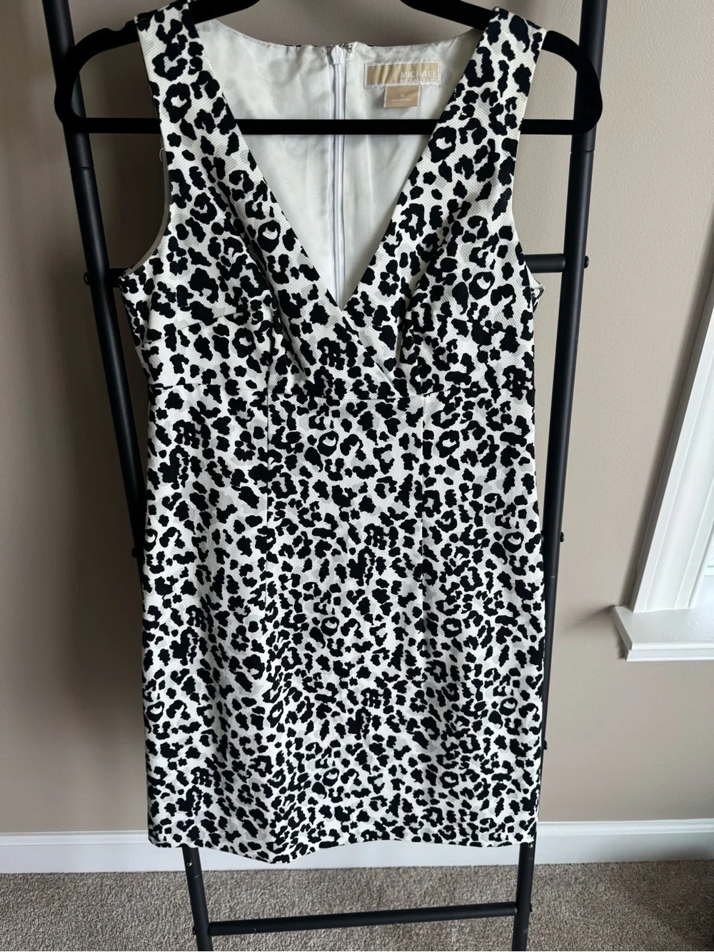 Michael Kors Black and White Leopard-Print V-Neck Midi Dress